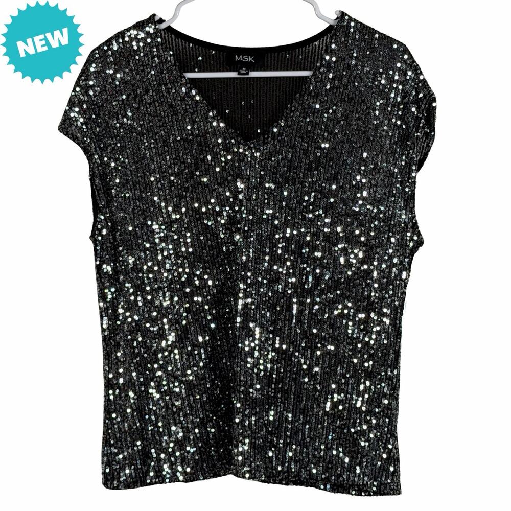 MSK Top Women's Medium Black Sleeveless V-Neck Sequins Layer Party Formal NEW
